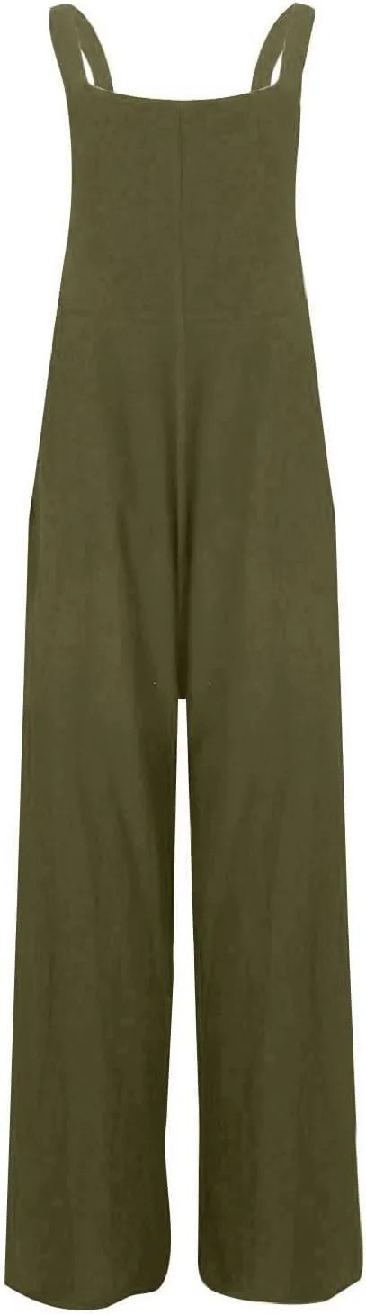 Overalls for Women Linen Casual Sleeveless Jumpsuits Straps Bib Overalls Baggy Pleated Palazzo Pants with Pockets
