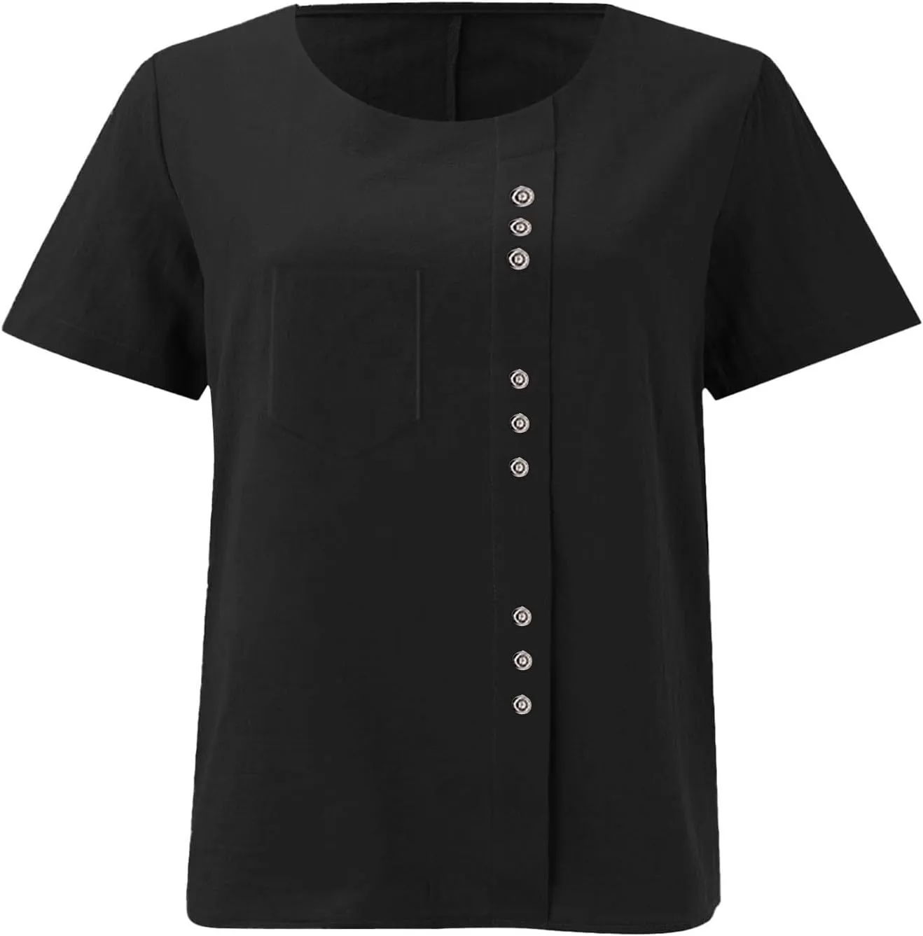 Oversized Crew Neck Linen Tops for Women Short Sleeve Cotton Linen Tee Shirts Workout Buttons Tshirt with Pocket