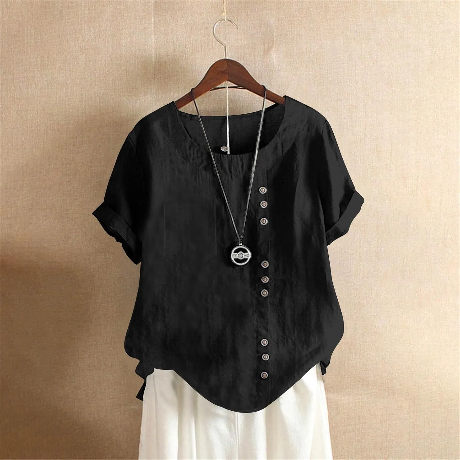 Oversized Crew Neck Linen Tops for Women Short Sleeve Cotton Linen Tee Shirts Workout Buttons Tshirt with Pocket