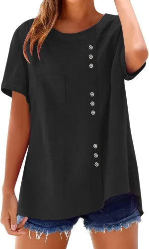 Oversized Crew Neck Linen Tops for Women Short Sleeve Cotton Linen Tee Shirts Workout Buttons Tshirt with Pocket