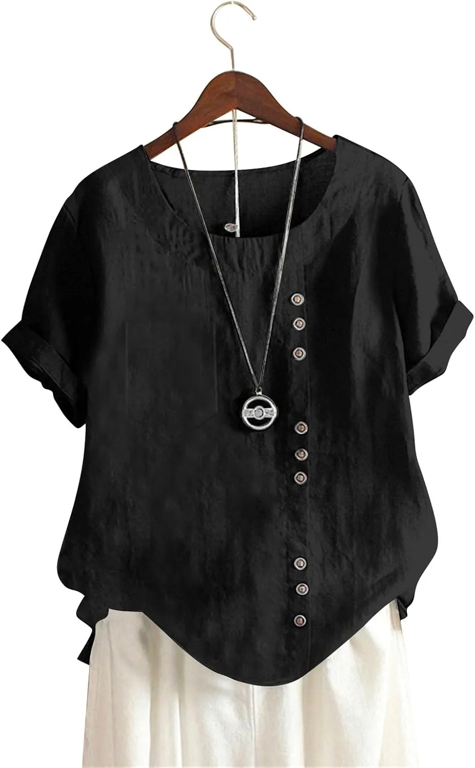 Oversized Crew Neck Linen Tops for Women Short Sleeve Cotton Linen Tee Shirts Workout Buttons Tshirt with Pocket