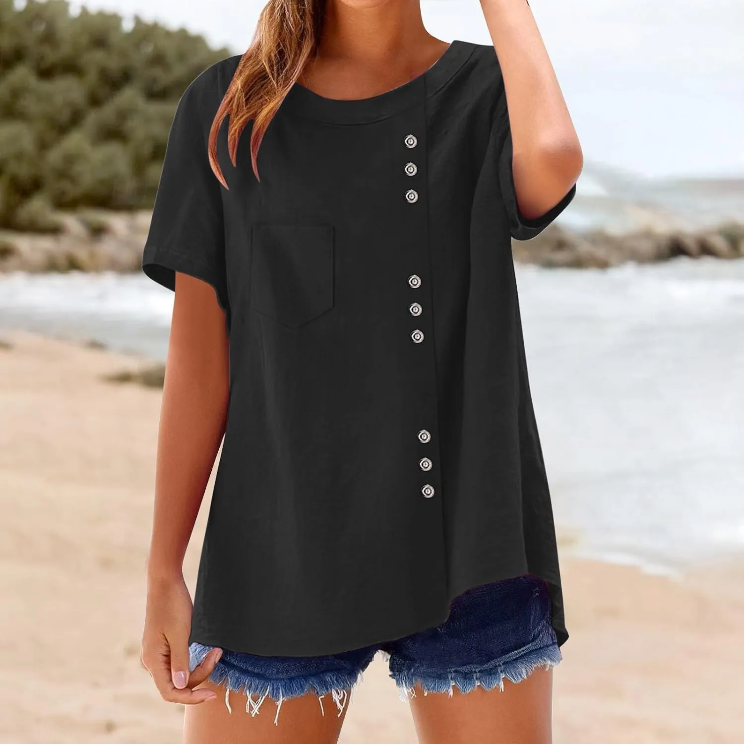 Oversized Crew Neck Linen Tops for Women Short Sleeve Cotton Linen Tee Shirts Workout Buttons Tshirt with Pocket