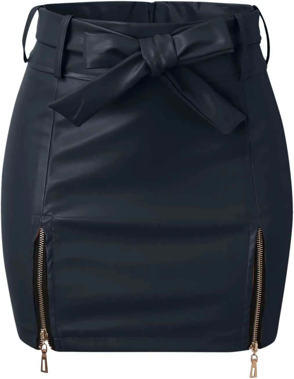 Pencil Skirt for Women with Tie Knot High Waist Slim Fit PU Leather Zipper Slit Business Workout Mini Skirts