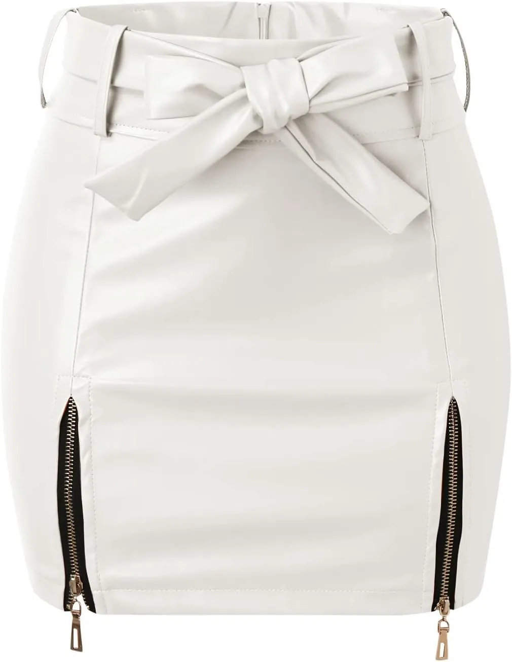 Pencil Skirt for Women with Tie Knot High Waist Slim Fit PU Leather Zipper Slit Business Workout Mini Skirts