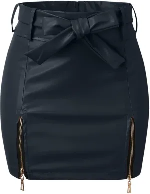 Pencil Skirt for Women with Tie Knot High Waist Slim Fit PU Leather Zipper Slit Business Workout Mini Skirts