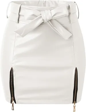Pencil Skirt for Women with Tie Knot High Waist Slim Fit PU Leather Zipper Slit Business Workout Mini Skirts