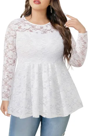 Pinup Fashion Women's Plus Size Summer Peplum Short Sleeve Lace Empire Waist Pleated Tunic Tops 1X-5X