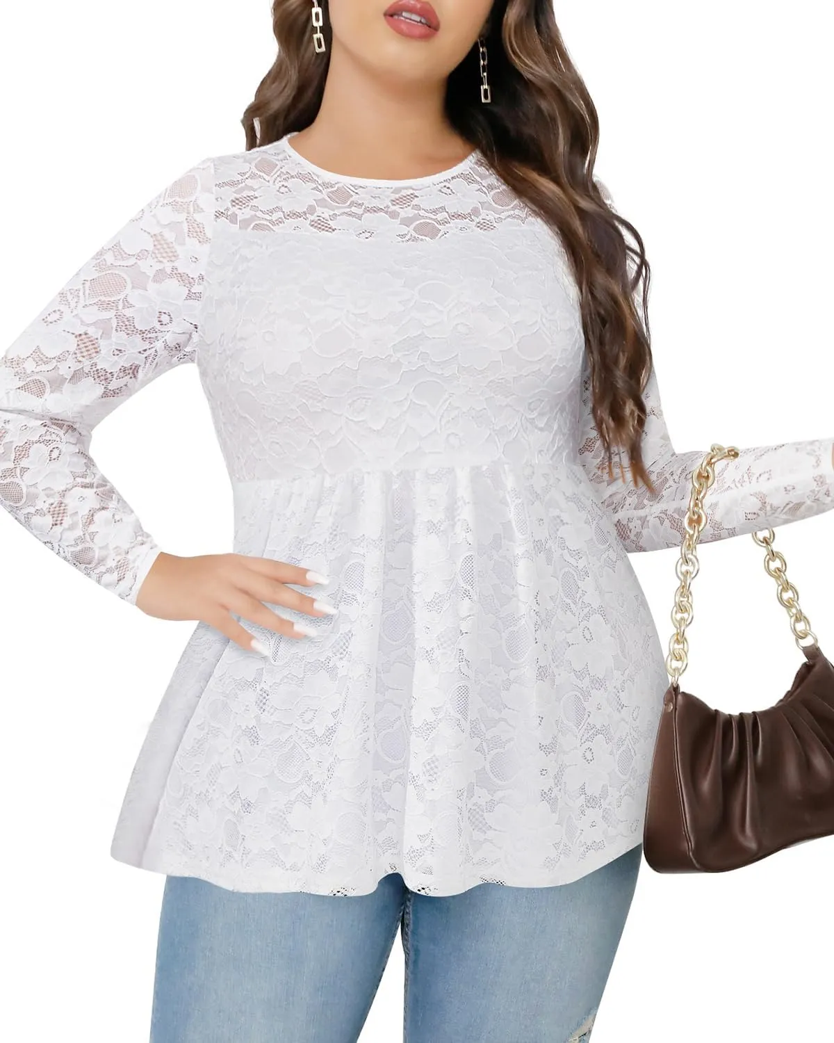 Pinup Fashion Women's Plus Size Summer Peplum Short Sleeve Lace Empire Waist Pleated Tunic Tops 1X-5X