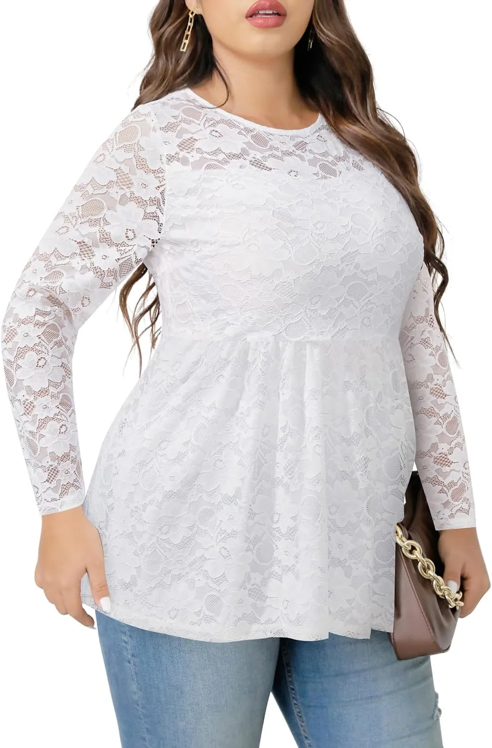 Pinup Fashion Women's Plus Size Summer Peplum Short Sleeve Lace Empire Waist Pleated Tunic Tops 1X-5X