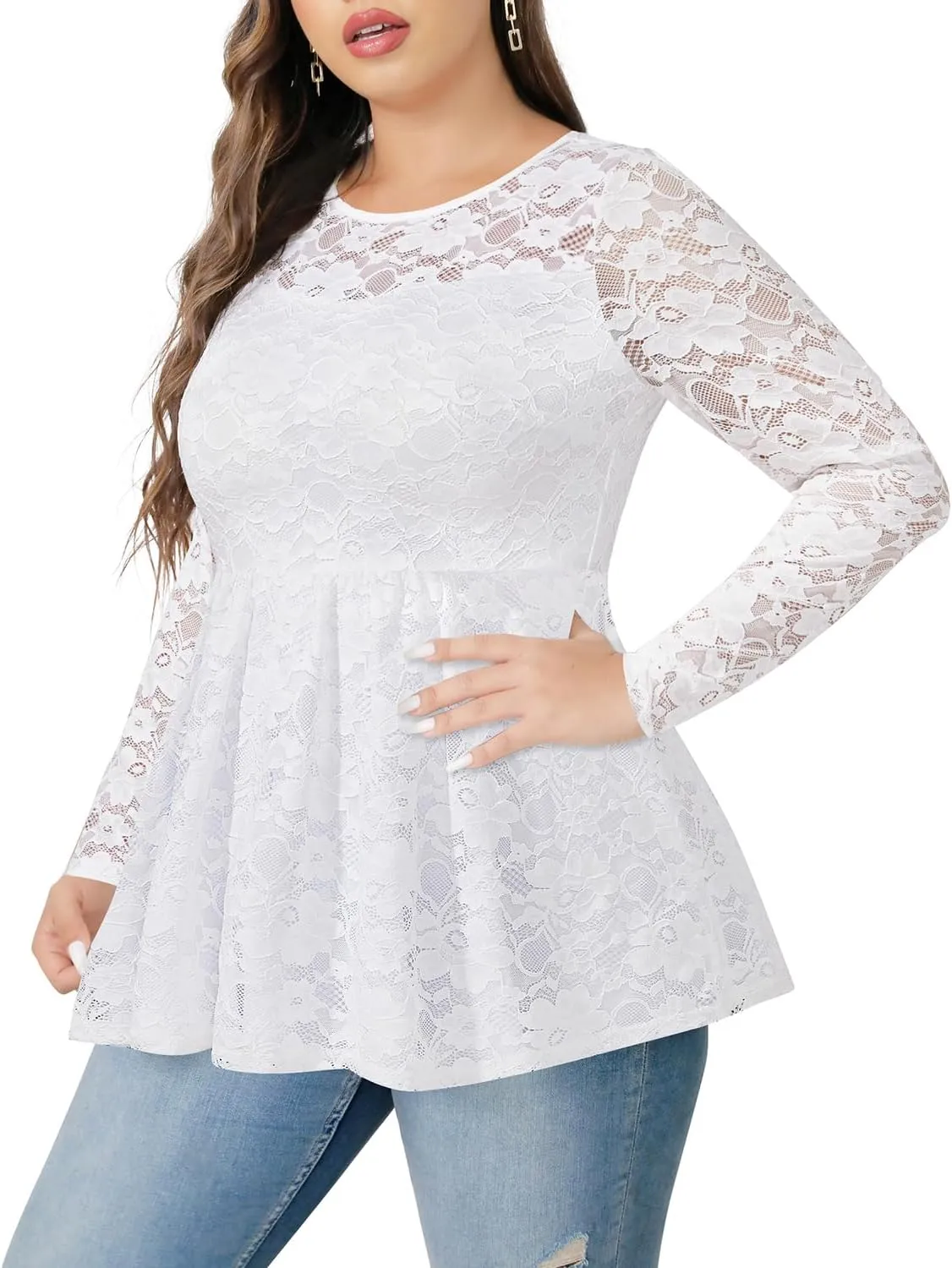 Pinup Fashion Women's Plus Size Summer Peplum Short Sleeve Lace Empire Waist Pleated Tunic Tops 1X-5X
