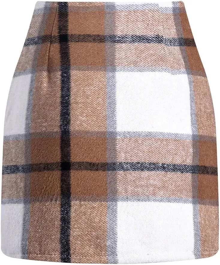 Plaid Skirts for Women Mini Skirts High Waisted Short Wool Skirts A Line Knee Length Pencil Skirt