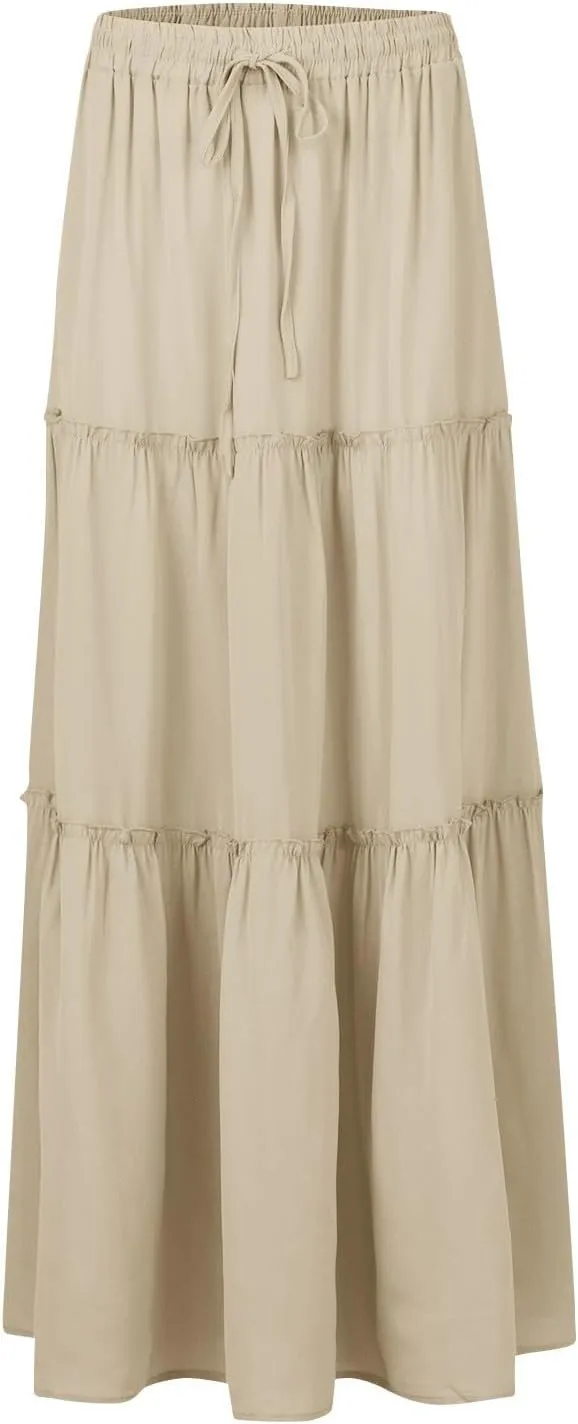 Pleated Skirts for Women Trendy Flowy Maxi Skirts Drawstring Elastic High Waisted Skirts Casual Tiered Ruffle Skirt