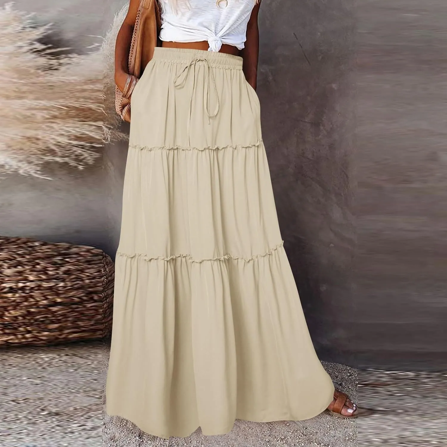 Pleated Skirts for Women Trendy Flowy Maxi Skirts Drawstring Elastic High Waisted Skirts Casual Tiered Ruffle Skirt