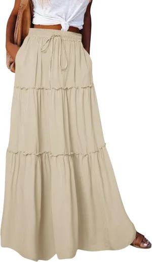 Pleated Skirts for Women Trendy Flowy Maxi Skirts Drawstring Elastic High Waisted Skirts Casual Tiered Ruffle Skirt