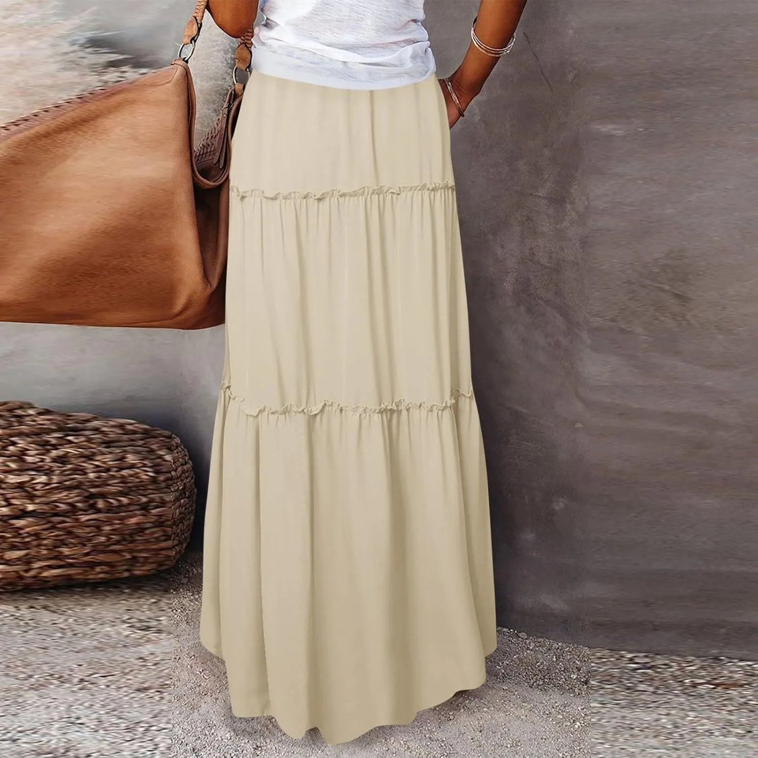 Pleated Skirts for Women Trendy Flowy Maxi Skirts Drawstring Elastic High Waisted Skirts Casual Tiered Ruffle Skirt