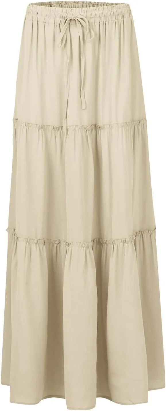 Pleated Skirts for Women Trendy Flowy Maxi Skirts Drawstring Elastic High Waisted Skirts Casual Tiered Ruffle Skirt