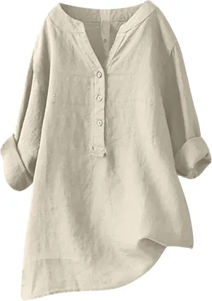 Plus Size Linen Button Down Shirts for Women Summer V Neck Tshirts Roll-Up Sleeve Tops Loose Fit Beach Clothes