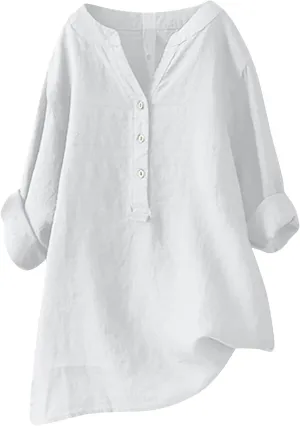 Plus Size Linen Button Down Shirts for Women Summer V Neck Tshirts Roll-Up Sleeve Tops Loose Fit Beach Clothes