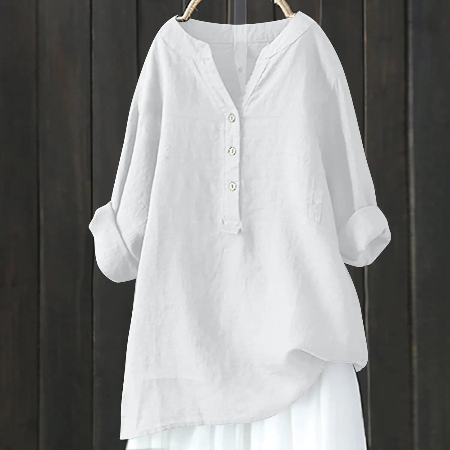 Plus Size Linen Button Down Shirts for Women Summer V Neck Tshirts Roll-Up Sleeve Tops Loose Fit Beach Clothes