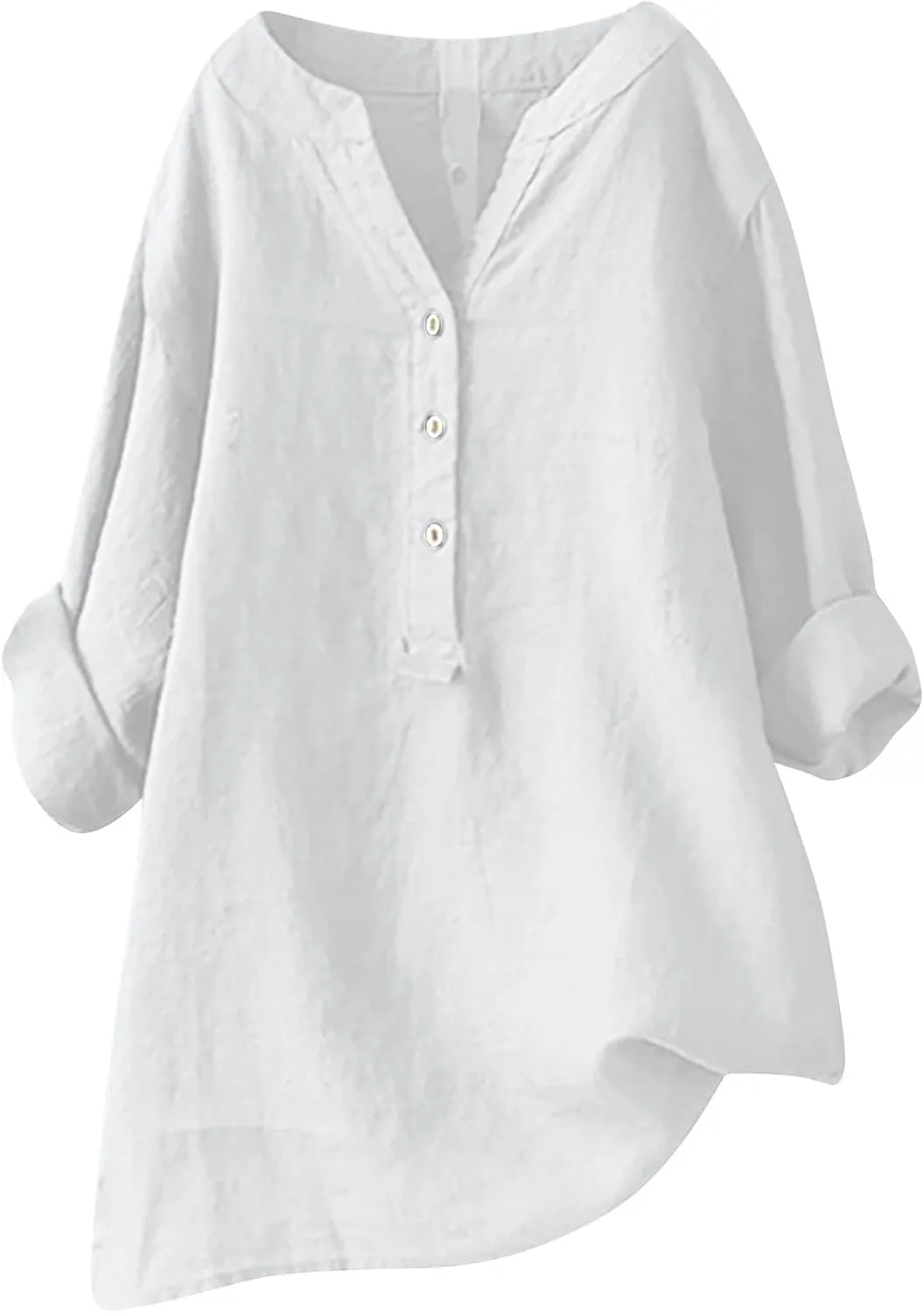 Plus Size Linen Button Down Shirts for Women Summer V Neck Tshirts Roll-Up Sleeve Tops Loose Fit Beach Clothes