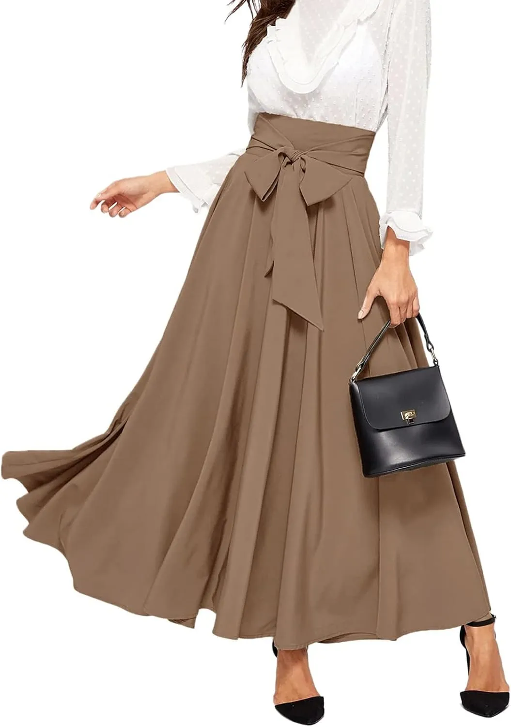 Plus Size Maxi Skirt with Bow Tie Womens Pleated A-Line Loose High Elastic Waist Casual Skirts Ladies Trendy Clothes