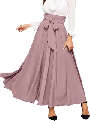 Plus Size Maxi Skirt with Bow Tie Womens Pleated A-Line Loose High Elastic Waist Casual Skirts Ladies Trendy Clothes