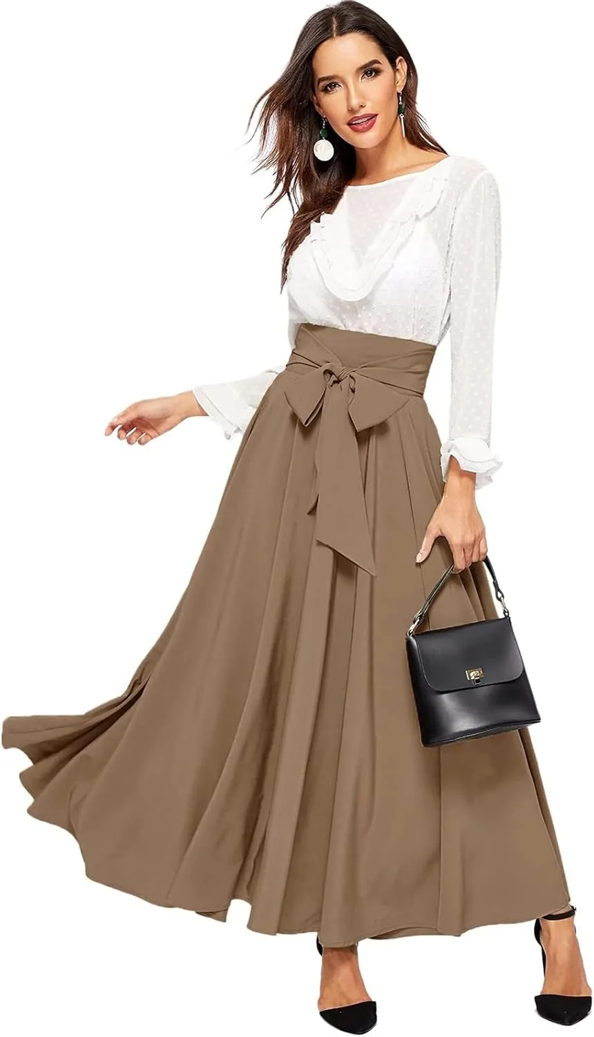 Plus Size Maxi Skirt with Bow Tie Womens Pleated A-Line Loose High Elastic Waist Casual Skirts Ladies Trendy Clothes