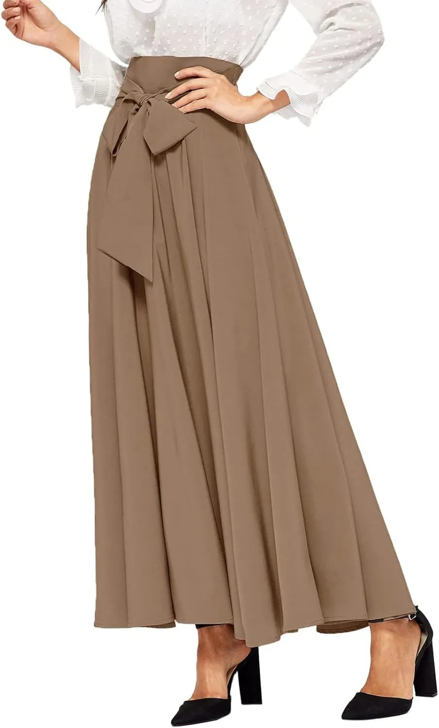 Plus Size Maxi Skirt with Bow Tie Womens Pleated A-Line Loose High Elastic Waist Casual Skirts Ladies Trendy Clothes