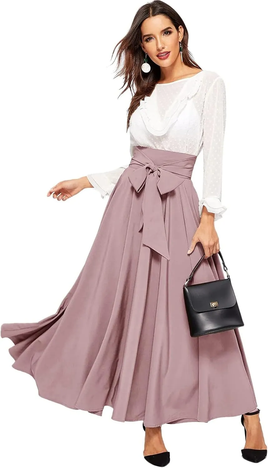 Plus Size Maxi Skirt with Bow Tie Womens Pleated A-Line Loose High Elastic Waist Casual Skirts Ladies Trendy Clothes