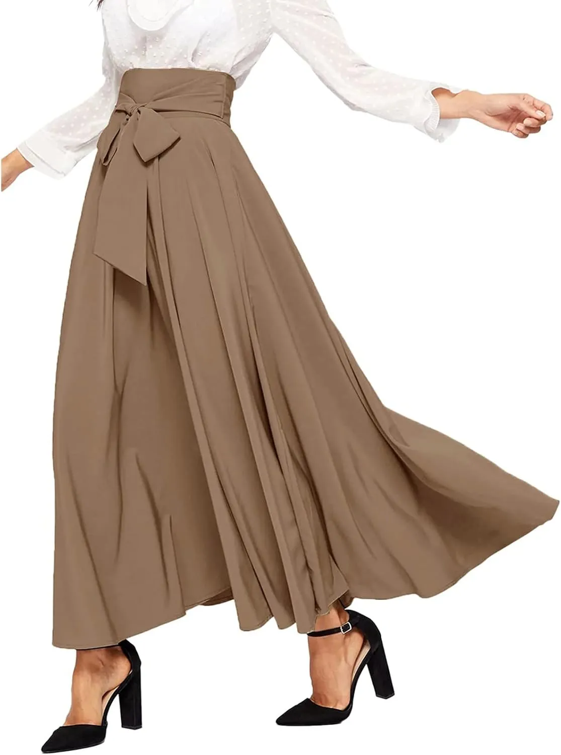 Plus Size Maxi Skirt with Bow Tie Womens Pleated A-Line Loose High Elastic Waist Casual Skirts Ladies Trendy Clothes