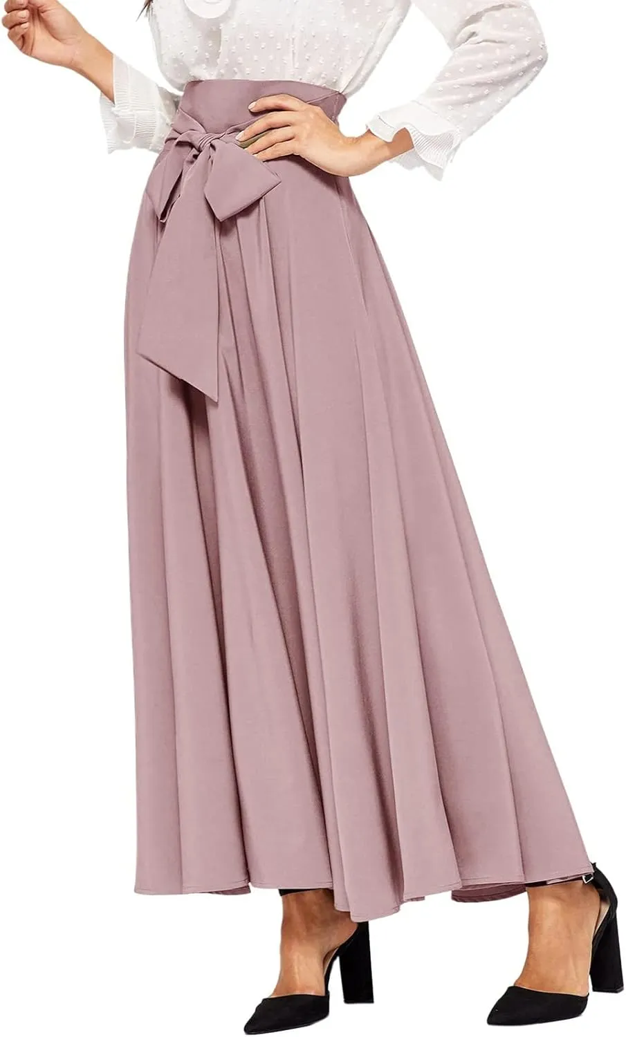 Plus Size Maxi Skirt with Bow Tie Womens Pleated A-Line Loose High Elastic Waist Casual Skirts Ladies Trendy Clothes