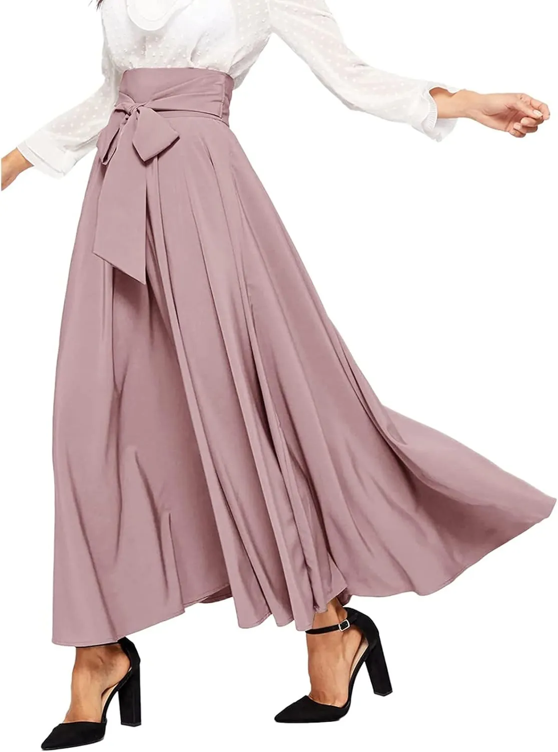 Plus Size Maxi Skirt with Bow Tie Womens Pleated A-Line Loose High Elastic Waist Casual Skirts Ladies Trendy Clothes