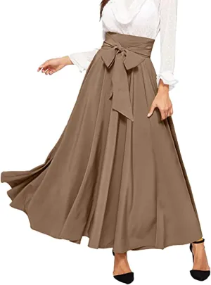 Plus Size Maxi Skirt with Bow Tie Womens Pleated A-Line Loose High Elastic Waist Casual Skirts Ladies Trendy Clothes