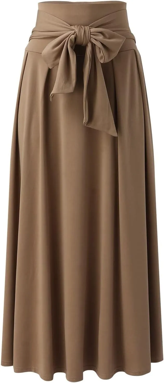Plus Size Maxi Skirt with Bow Tie Womens Pleated A-Line Loose High Elastic Waist Casual Skirts Ladies Trendy Clothes