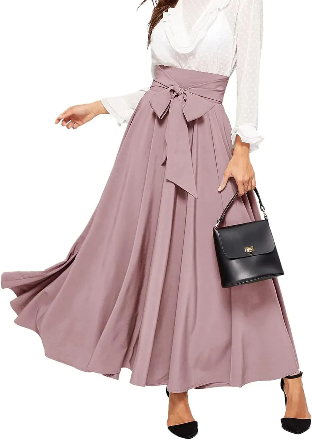 Plus Size Maxi Skirt with Bow Tie Womens Pleated A-Line Loose High Elastic Waist Casual Skirts Ladies Trendy Clothes