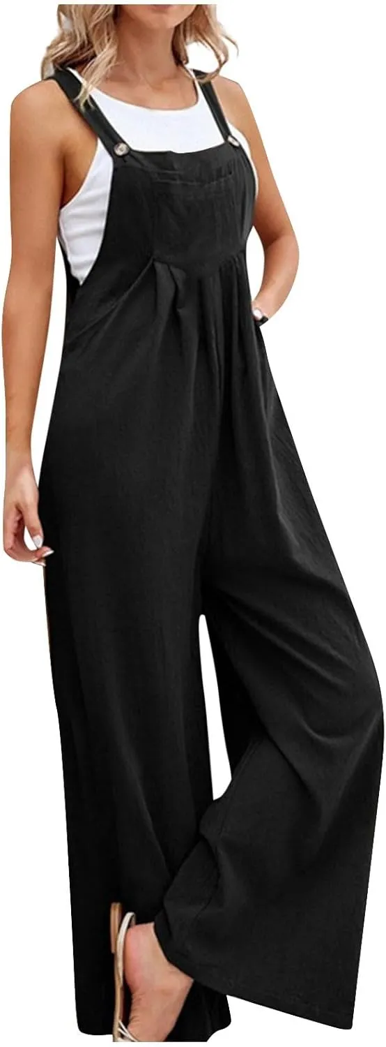 Plus Size Overalls for Women Loose Fit Wide Leg Straps Bib Summer Linen Jumpsuit with Pockets Comfy Casual Vacation Outfits