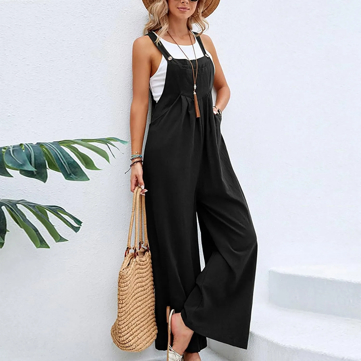 Plus Size Overalls for Women Loose Fit Wide Leg Straps Bib Summer Linen Jumpsuit with Pockets Comfy Casual Vacation Outfits