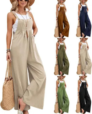 Plus Size Overalls for Women Loose Fit Wide Leg Straps Bib Summer Linen Jumpsuit with Pockets Comfy Casual Vacation Outfits