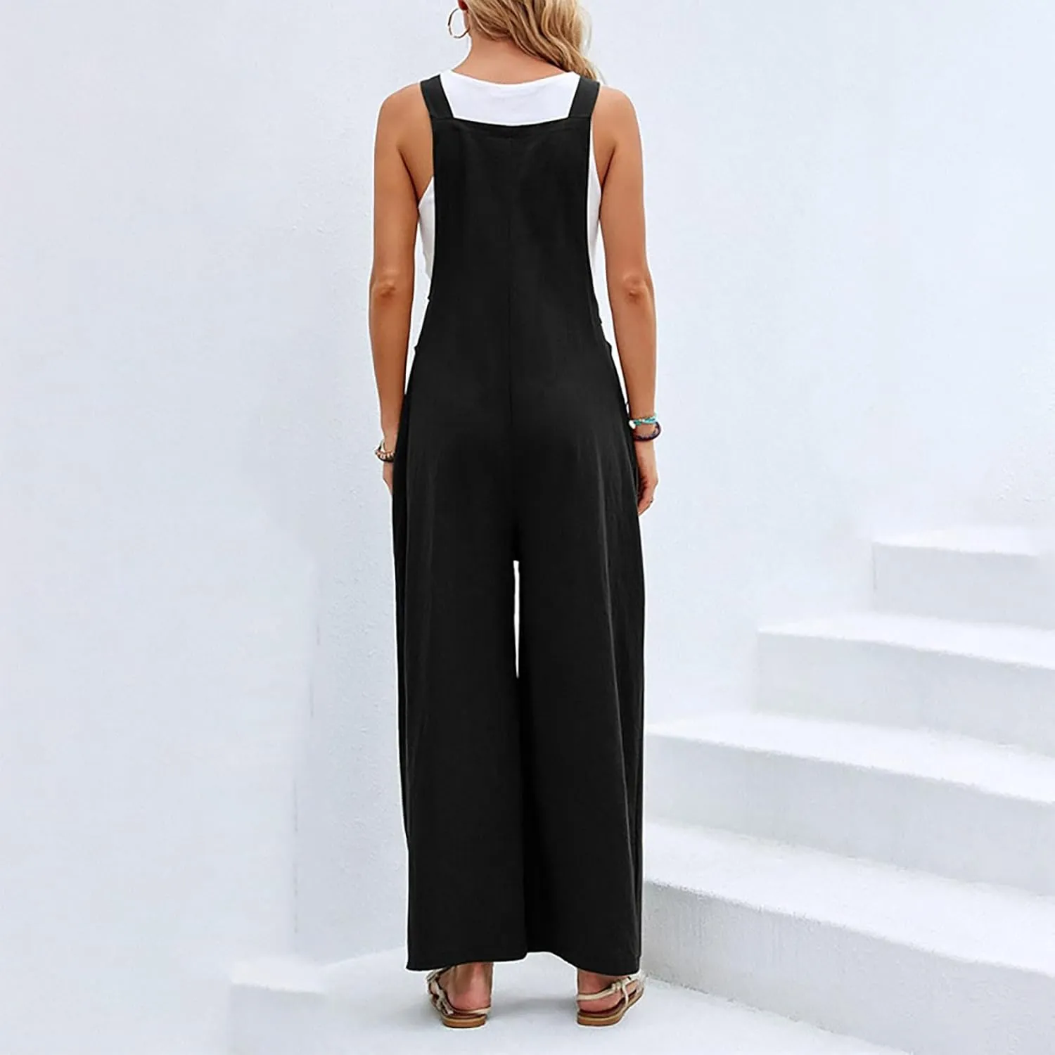 Plus Size Overalls for Women Loose Fit Wide Leg Straps Bib Summer Linen Jumpsuit with Pockets Comfy Casual Vacation Outfits
