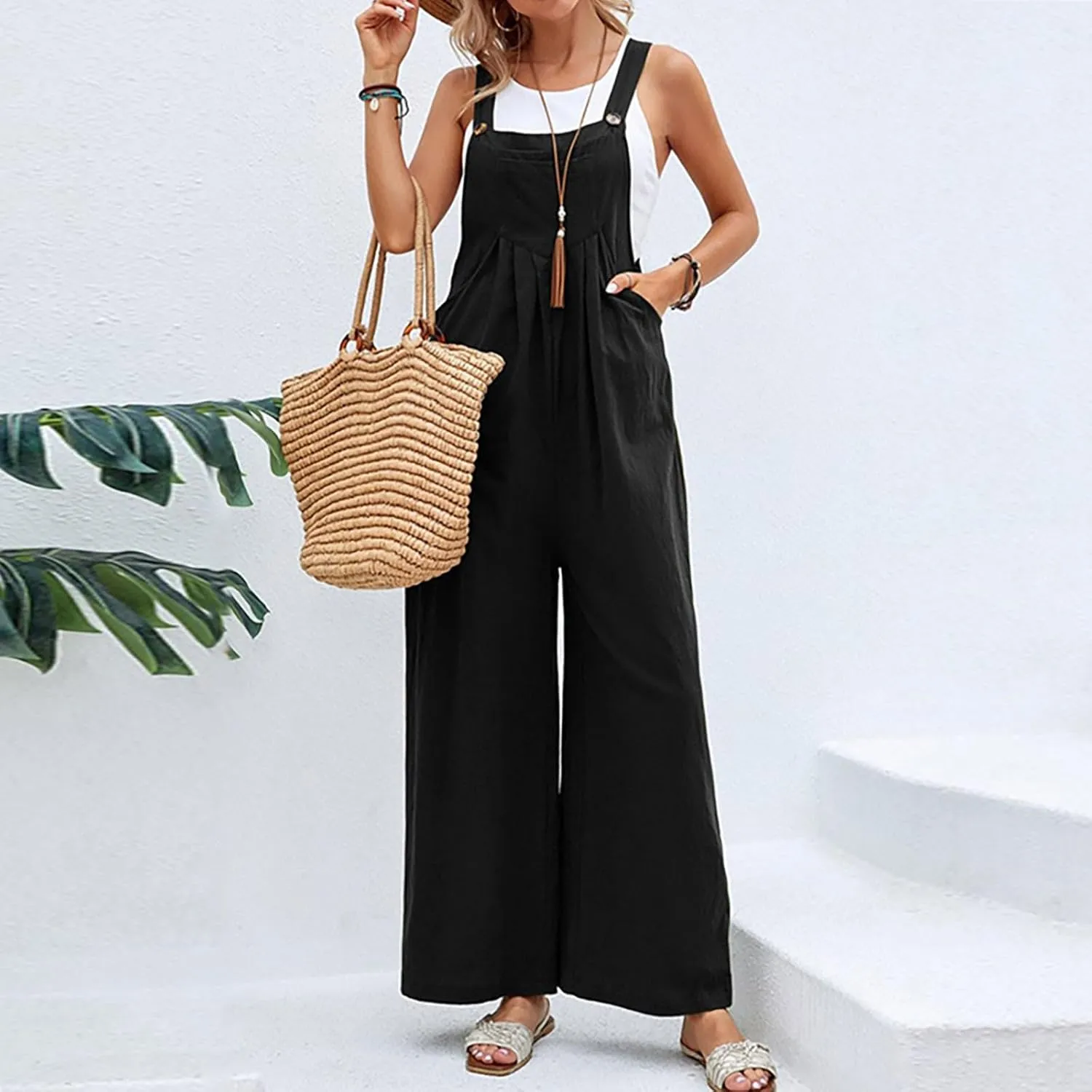 Plus Size Overalls for Women Loose Fit Wide Leg Straps Bib Summer Linen Jumpsuit with Pockets Comfy Casual Vacation Outfits