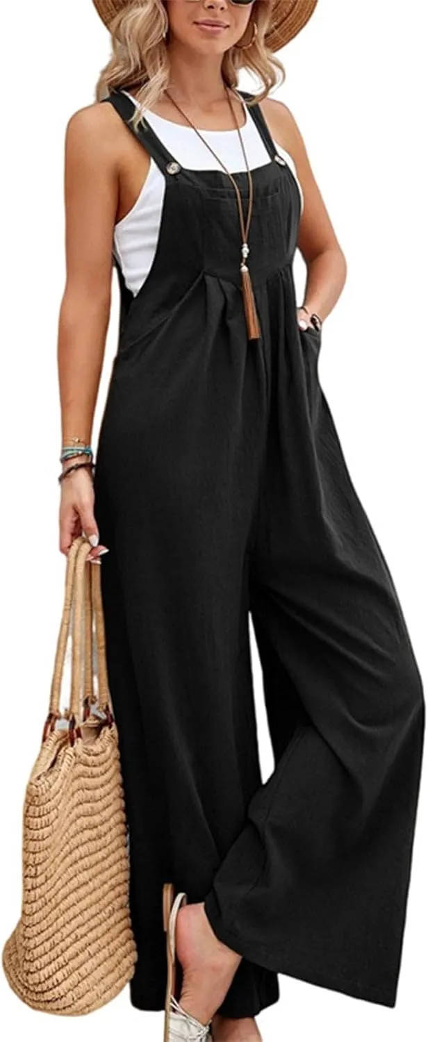 Plus Size Overalls for Women Loose Fit Wide Leg Straps Bib Summer Linen Jumpsuit with Pockets Comfy Casual Vacation Outfits