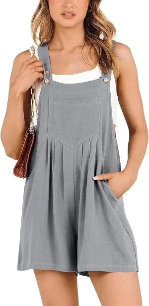 Plus Size Short Rompers for Women Linen Overall Shorts Shortalls Smocked Adjustable Straps Short Bib Overalls Jumpsuits