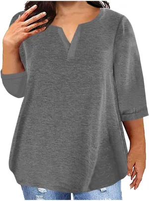 Plus Size T Shirts for Women Loose Fit 3/4 Length Sleeve Tops Oversized Cute Tees Summer V Neck Blouses
