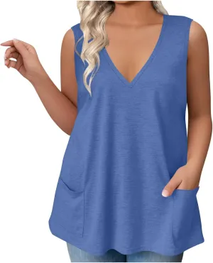 Plus Size Tank Tops for Women 2025 Summer Loose Fit V Neck/O-Neck Tanks Sleeveless Basic Ladies Plain Tee Shirts