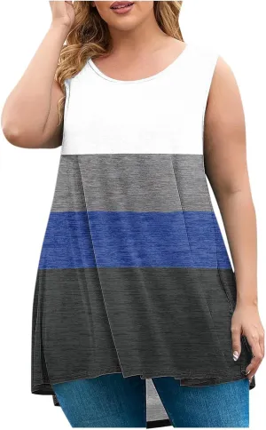 Plus Size Tank Tops for Women Dressy Loose Fit Colorblock Sleeveless Long Shirt Casual Fashion Summer Tunic Tanks