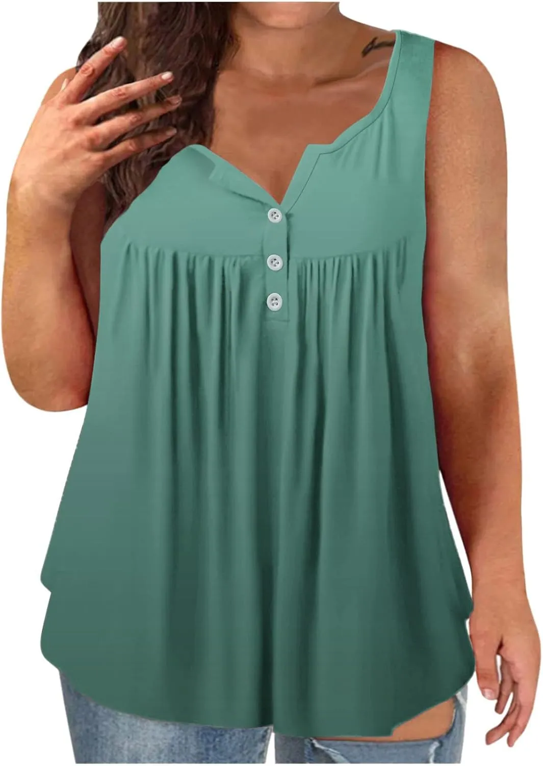 Plus Size Tank Tops for Women Summer Casual Sleeveless Solid T-Shirts Fashion Loose Crewneck Button Pleated Shirts