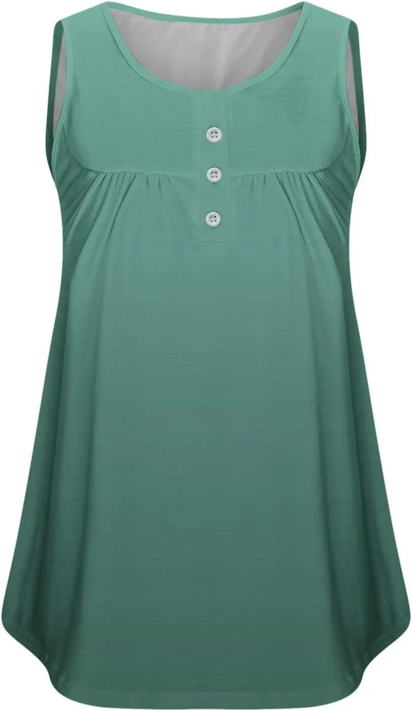 Plus Size Tank Tops for Women Summer Casual Sleeveless Solid T-Shirts Fashion Loose Crewneck Button Pleated Shirts