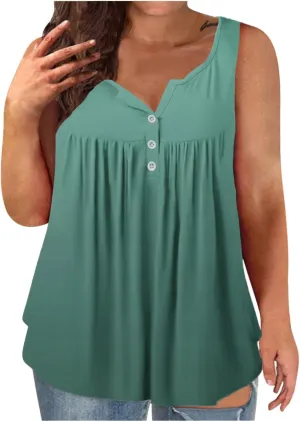 Plus Size Tank Tops for Women Summer Casual Sleeveless Solid T-Shirts Fashion Loose Crewneck Button Pleated Shirts