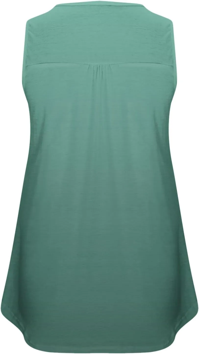 Plus Size Tank Tops for Women Summer Casual Sleeveless Solid T-Shirts Fashion Loose Crewneck Button Pleated Shirts