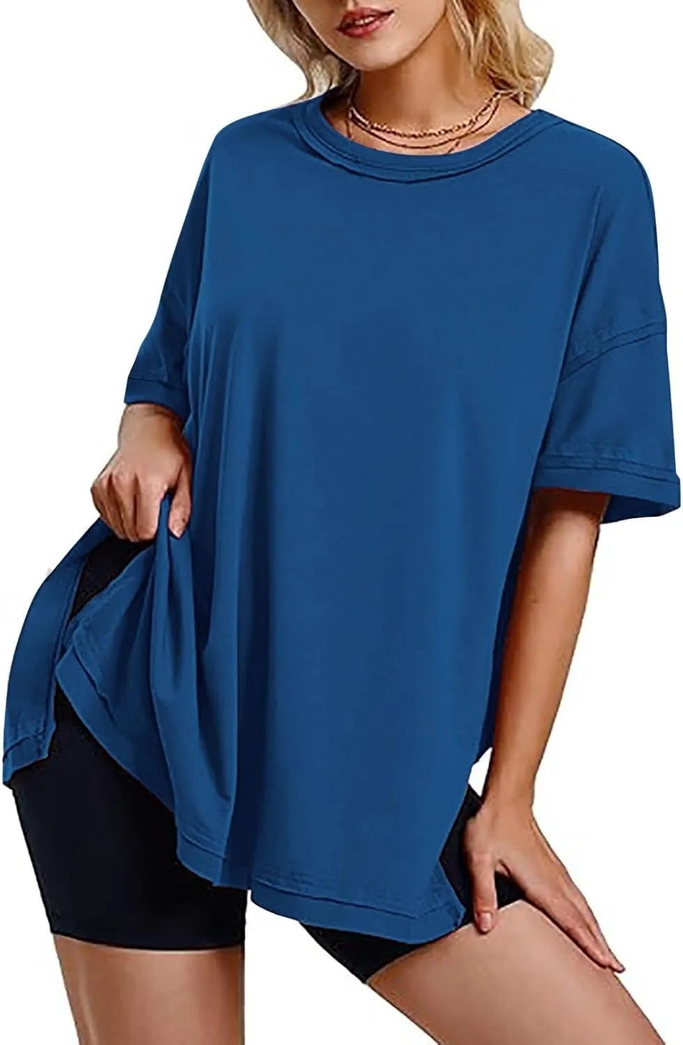 Plus Size Tops for Women Dressy Short Sleeve Split Oversized T-Shirts Casual Oversized Round Neck Tunic Shirt S-2XL